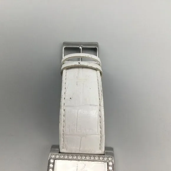 Guess Watch Women Silver Tone 37mm Square Pave White Leather Band New Battery - Picture 7 of 13